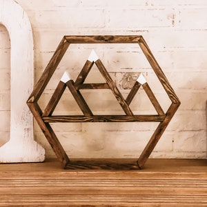 Hexagon Shelf ~ Snow Capped Mountains Shelf ~ Oil Rack ~ Boho ~ Floating Shelf ~ Rustic Shelf  ~ Geometric Shelf ~ Crystals Shelf