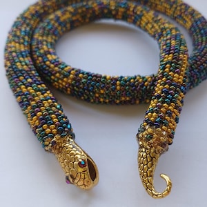 Gold Snake Necklace: Rainbow Miyuki Seed Bead Crochet Rope Choker