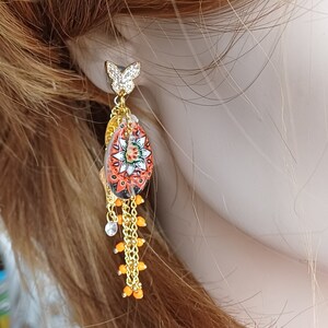 Handpainted Seashell Earrings: Long Chain Dangle Earrings