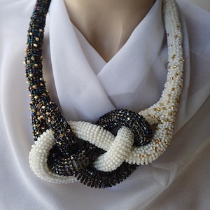 Black & White Braided Miyuki Beaded Necklace: Crochet Choker