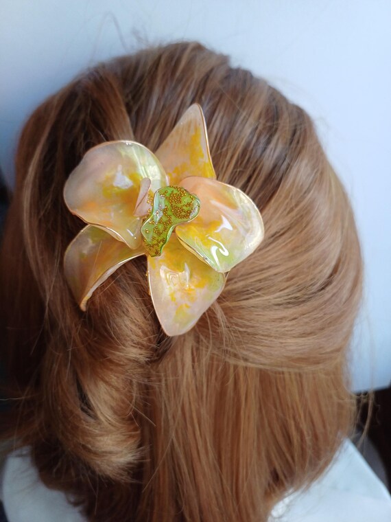 Handmade Real Yellow Orchid Hair Clip -  Floral Accent Handmade Yellow Orchid Hair Clip, Floral Barrette, Delicate  main image 3