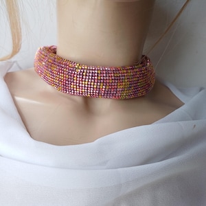 Metallic Pink Miyuki Beaded Choker: Crochet Rope Necklace