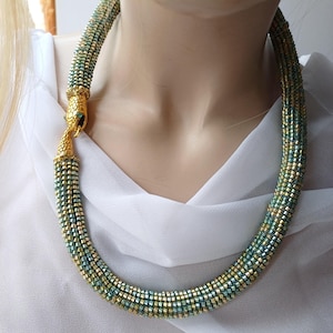 Crochet Snake Necklace: Miyuki Beads, Czech Glass, Mint Green Choker