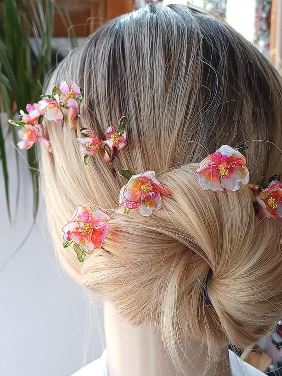Pink Resin Flower Hair Pins: Bridal Crystal Hair Accessories  display picture 3