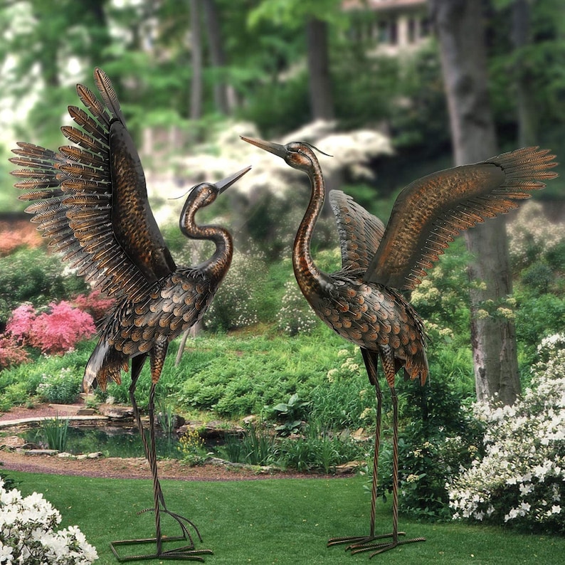 Art Deco Garden Statue Outdoor Metal Heron Crane Yard Art Etsy