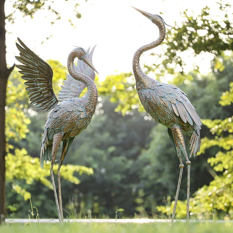 LifeLike 3339 Inch Standing Crane Metal Garden Sculpture Set Etsy