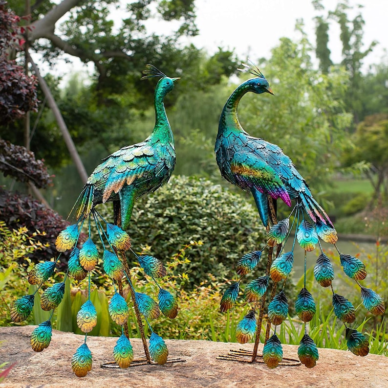 Hand Painted Peacock Garden Statue and Sculpture Metal Etsy
