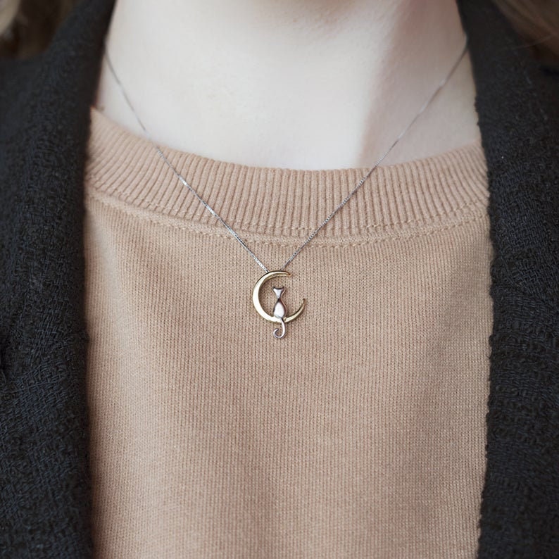 Cat on The Moon Necklace Cat Jewelry Cat Lovers Jewelry Minimalist Cat Jewelry Silver Cat Necklace Silver Cat On The Moon Pendant