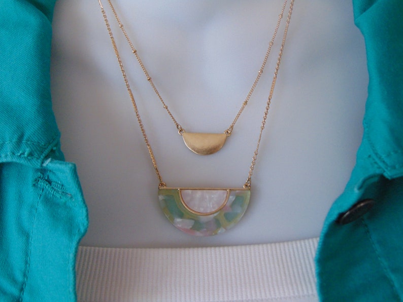 Gold Necklace Set Green Toned White Shell Necklace,Two Strand Necklaces For Layering Halfmoon Layered Necklace Set