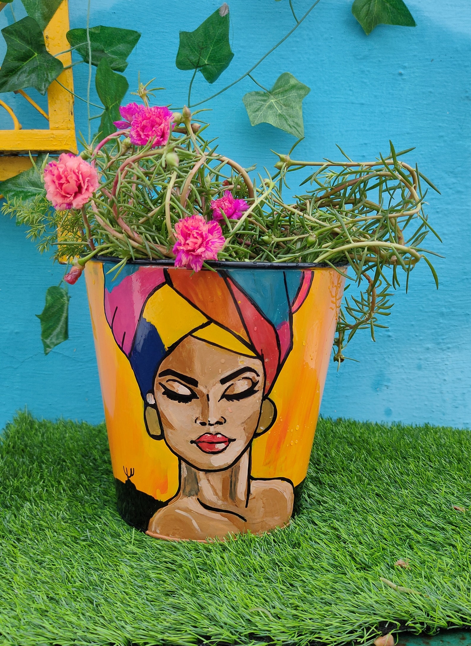 African tribal girl handpainted galvanized metal planter Etsy