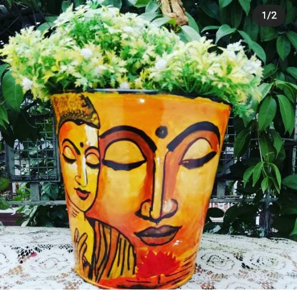 Buddha theme handpainted galvanized metal planter