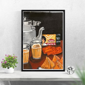 Chai samosa parle g biscuit painting,wall art,dining decor,kitchen decor,ready to hang painting,Indian food art,tea samosa ,Indian snacks