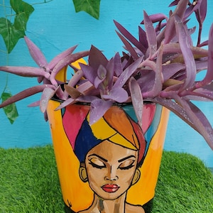 African tribal girl handpainted galvanized metal planter ,African woman planter,decor