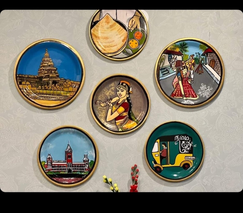 Tamil Nadu chennai Theme Handpainted Wall Decor Plates13 Inches Set of