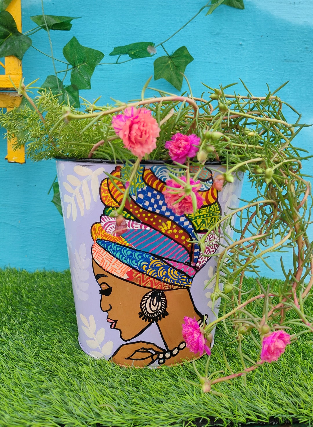 African Tribal Girl Handpainted Galvanised Planters, Carribean