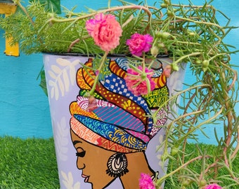 African Tribal Girl Handpainted Galvanised Planters, Carribean