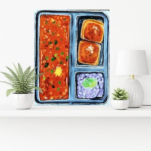 Pao Bhaji Mumbai Street Food Painting ,8x10 Inch Canvas Art | Thali Decor for Dining Room & Kitchen ,Ready to Hang Wall Art, food painting