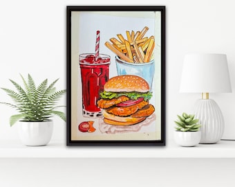 Fast food painting,burger soft drink french fries acrylic on canvas, food painting..