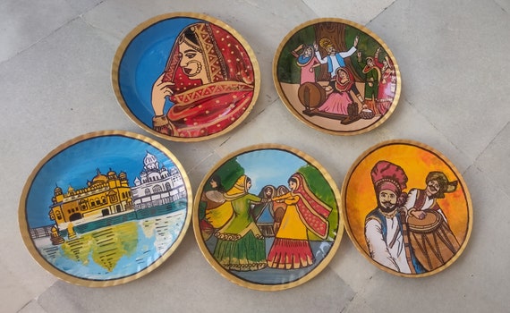 Punjabi theme handpainted wall decor plates,traditional decor,golden temple, Bhangra,charkha,phugdi,Set of 5 plates,dhol,traditional decor