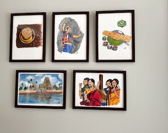 Chennai wall paintings art prints with frame WITH Acrylic sheet, set of 5, kapaleeshwar temple,filter cofee, dosai,singer  rajini Gayathri