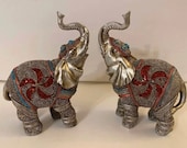Feng Shui Pair of Lucky Elephant Family Statues with flower design