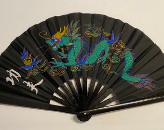 Kung Fu Fighting Bamboo Fan Image of Colorful Dragon & Phoenix on Red Front Side for sale online 