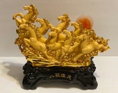 Feng Shui Gold 8 galloping horses Statue Wealth Lucky Figurine Gift Home Decor, 8.5 H