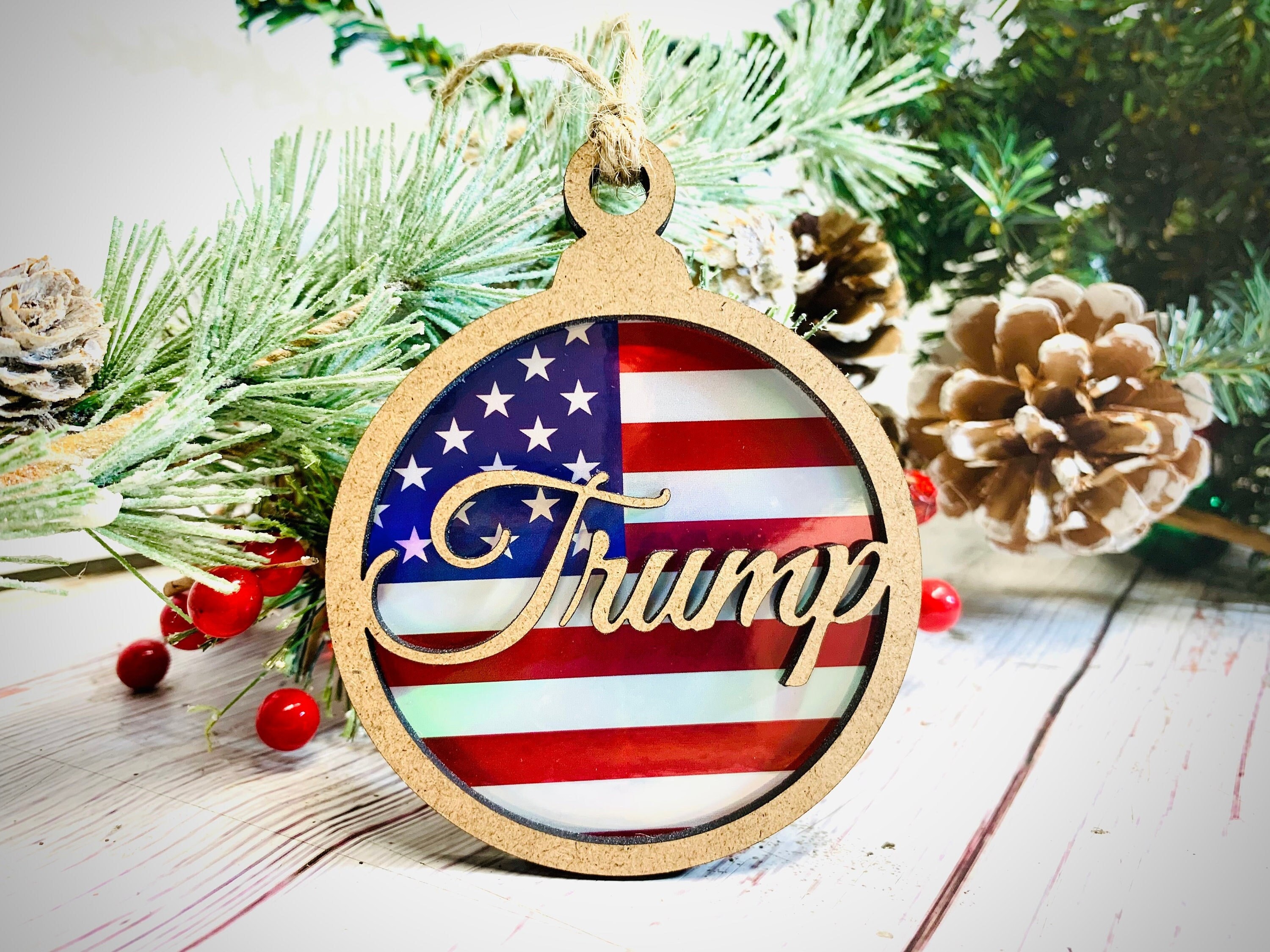 Round Natural Wood MDF Christmas Ornament, Funny President Donald Trum