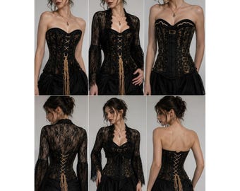 NWT Corset Story Steampunk Gotisk Brokad Stålbenskorsett & Spetsbolero Set 26