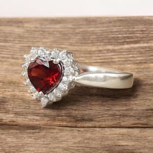 Garnet Heart Ring: Sterling Silver CZ Halo, January Birthstone