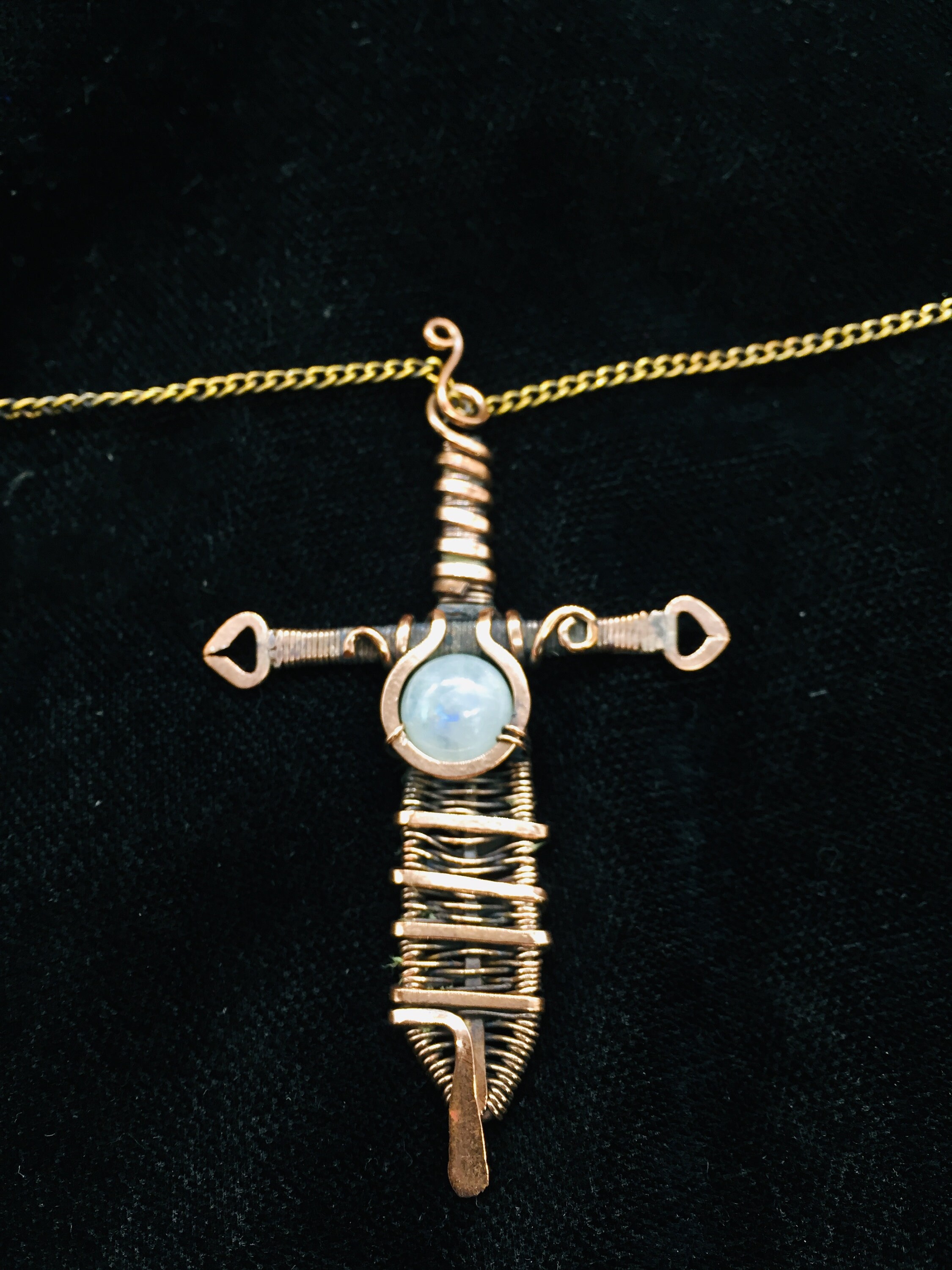 White Rainbow Moonstone Sword Wire Wrap Copper Pendent Etsy