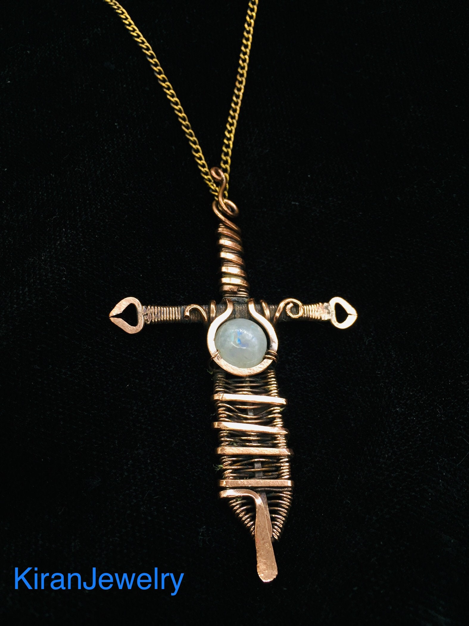 White Rainbow Moonstone Sword Wire Wrap Copper Pendent Etsy
