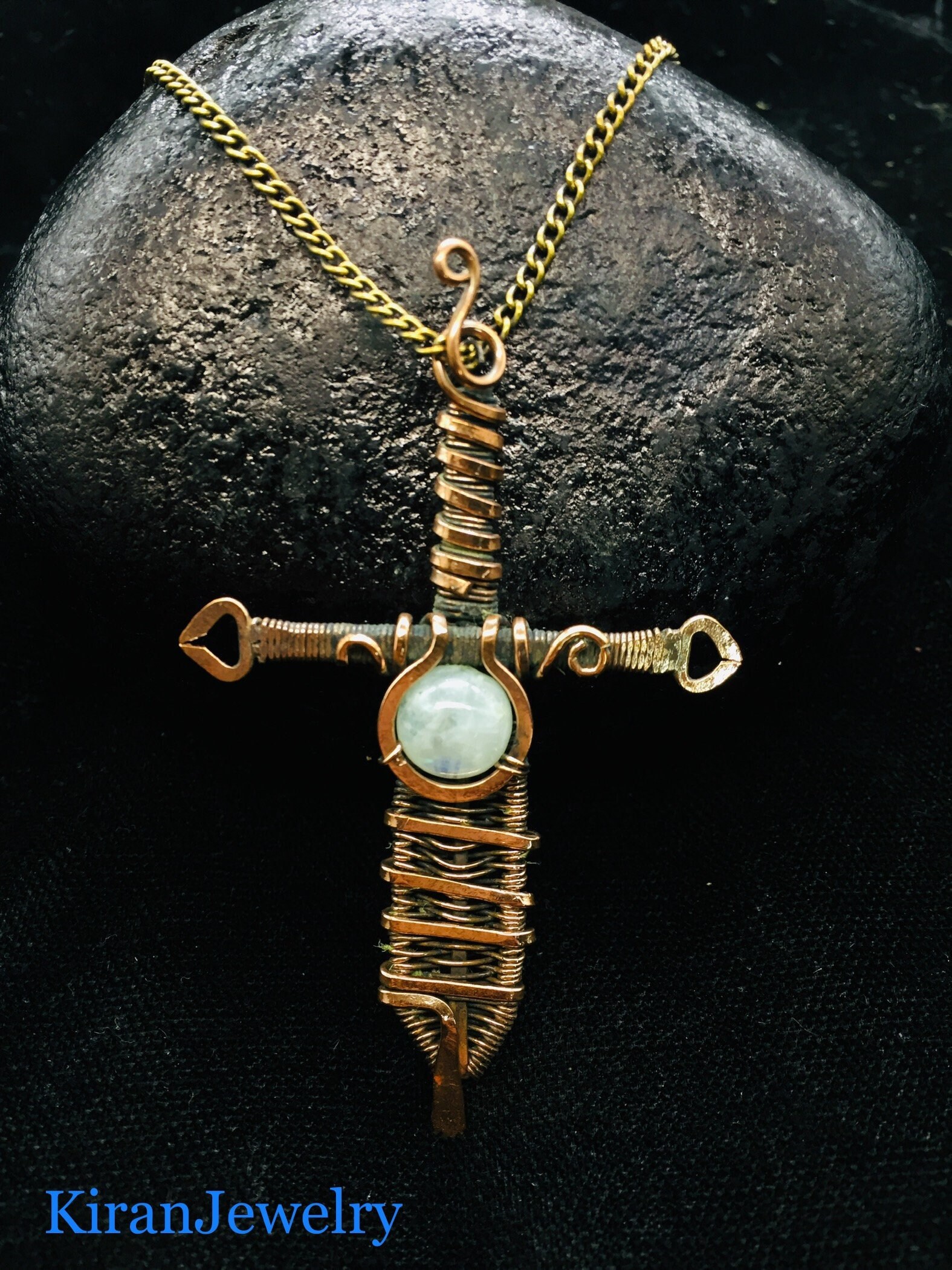 White Rainbow Moonstone Sword Wire Wrap Copper Pendent Etsy