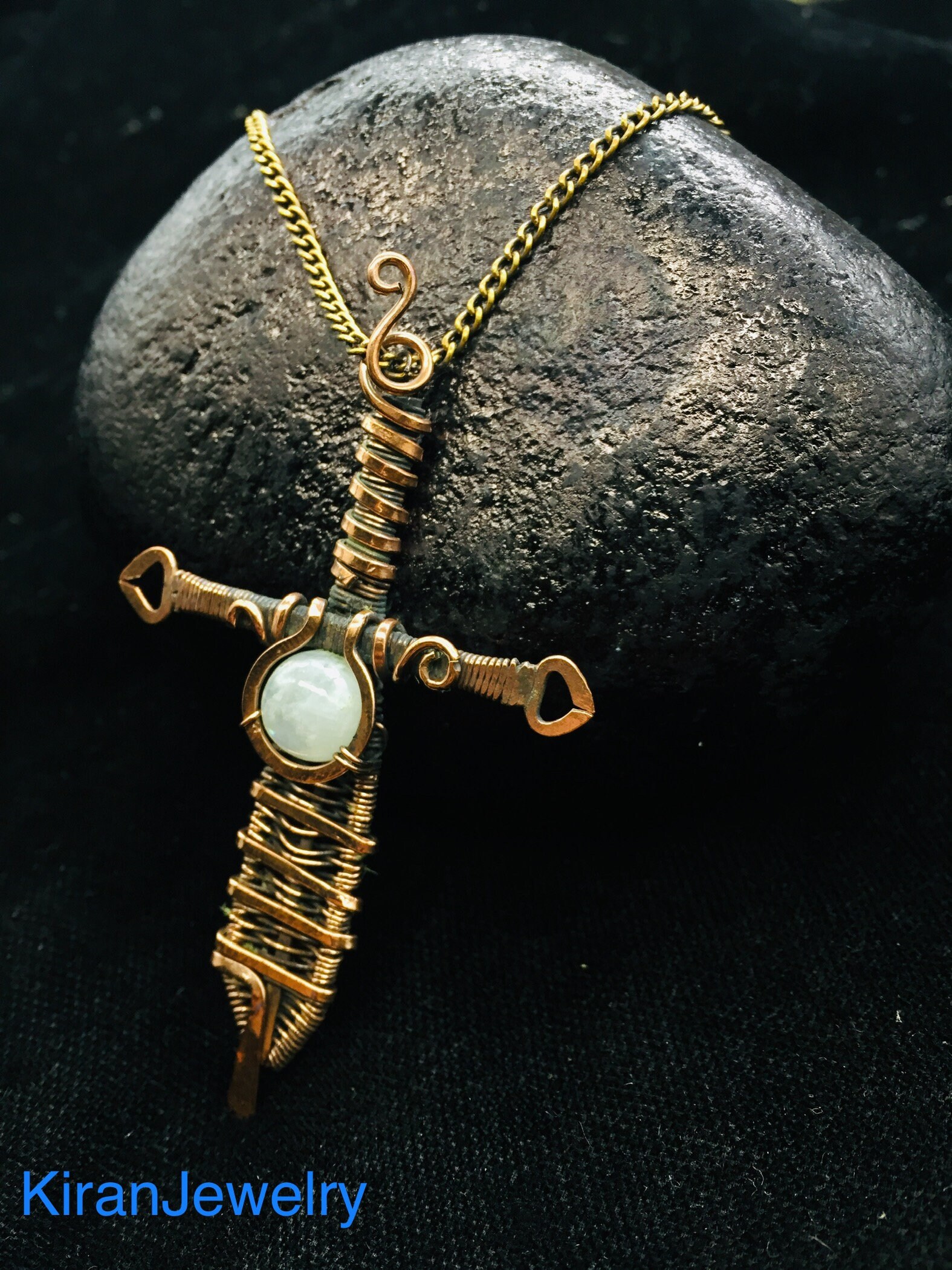 White Rainbow Moonstone Sword Wire Wrap Copper Pendent Etsy
