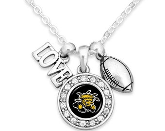 Officially Licensed WICHITA STATE SHOCKERS Necklace with Football, Love and Logo Pewter Charms Sterling Plated - Wichita State University