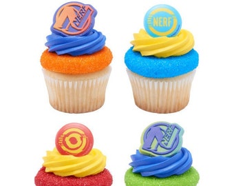 12 NERF On Target! Cupcake Rings - NERF Cake Toppers for Birthday Party Decoration Craft Supply