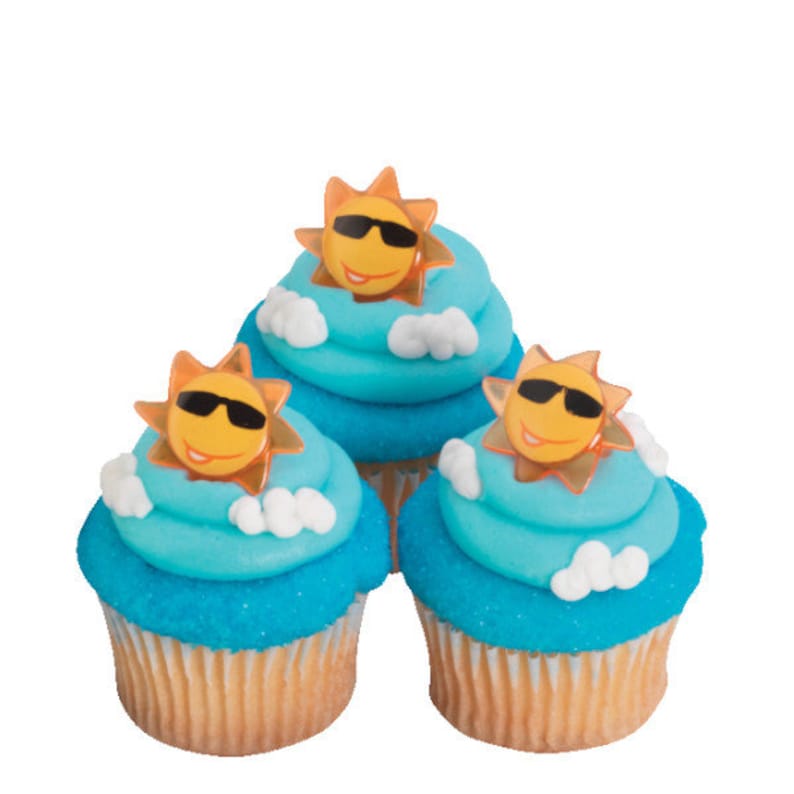 12 SUN FACE Cupcake Rings Summer Fun Sunglasses Cake Toppers Birthday Party Decoration Picks