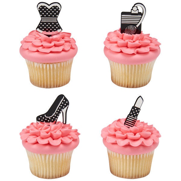 12 GIRLS NIGHT OUT Cupcake Picks Lipstick Shoe Dress Perfume Fashion Cake Toppers Birthday Party Decoration Craft Supply