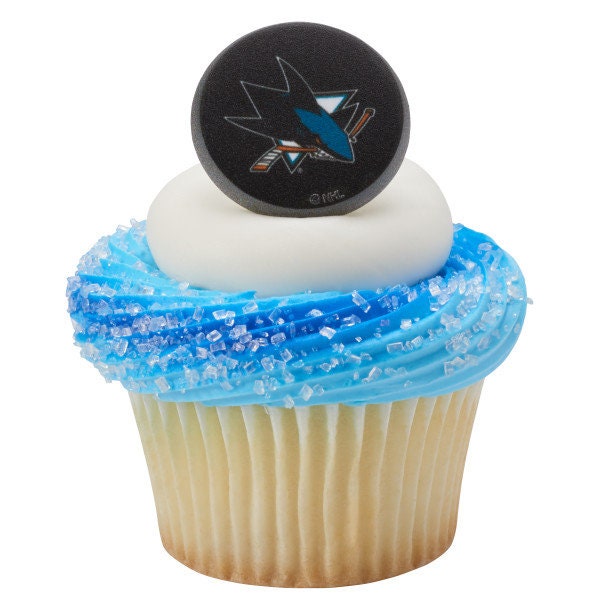 12 SAN JOSE SHARKS Cupcake Rings - Nhl San Jose Sharks Cake Toppers for Birthday Party Decoration Craft Supply
