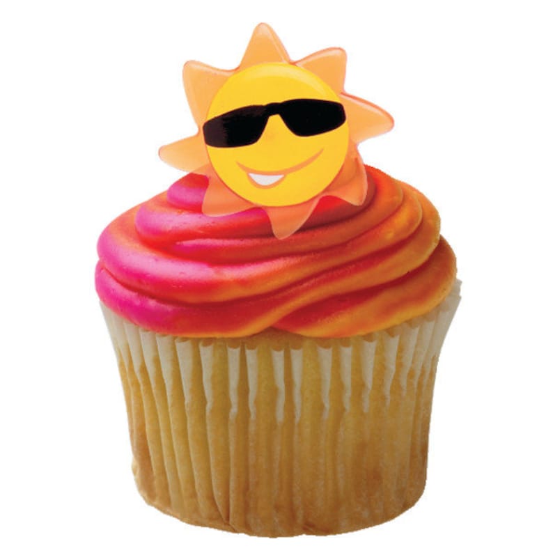 12 SUN FACE Cupcake Rings Summer Fun Sunglasses Cake Toppers Birthday Party Decoration Picks
