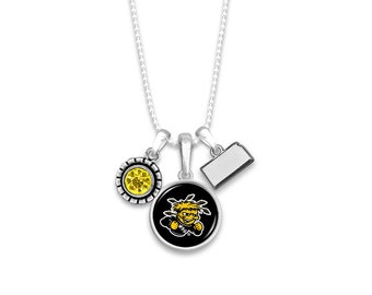 Officially Licensed WICHITA STATE SHOCKERS Necklace - Triple Charm Necklace with Crystal and Kansas State Pewter Charms Sterling Plated