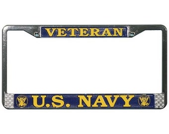US NAVY Veteran Metal Chrome License Plate Frame Blue Yellow " Made in USA " US NAVY Veteran Metal Chrome License Plate Frame Blue Yellow " Made in USA "