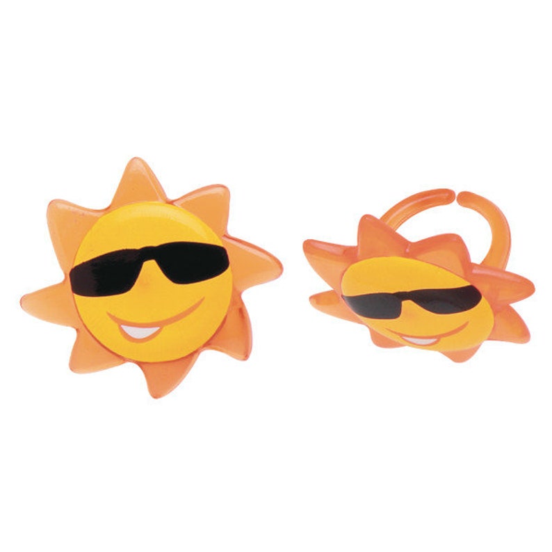 12 SUN FACE Cupcake Rings Summer Fun Sunglasses Cake Toppers Birthday Party Decoration Picks