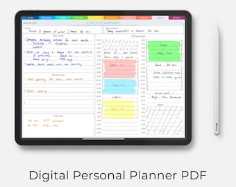 May include: A digital planner app on a tablet screen with a white stylus. The planner is open to the daily planning section for April 20, 2021. The daily schedule includes tasks like "Drink 8 glasses of water", "Read 30 min", "Complete marketing calendar for next month", "Work on copy + images for new website", "Update social media with new branding", "Goal planning for next month", "Email outreach", "Finish emails", "Read - 30 min", "Finish official tasks", "Work on extra goals", "Finish emails", "msgs. Plan tomorrow", "BED".