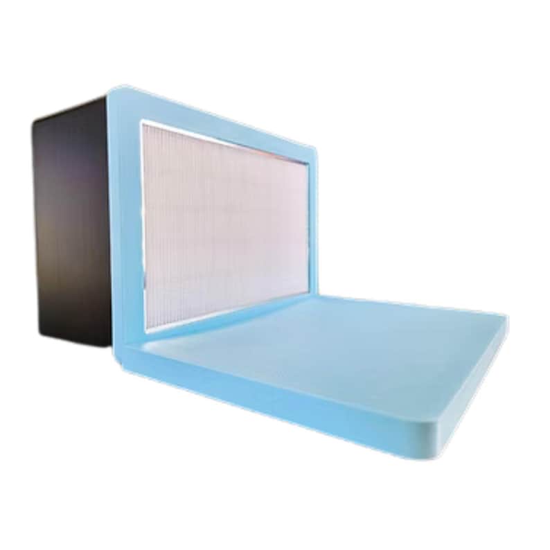 May include: A light blue air purifier with a white filter inside. The purifier has a rectangular shape and a black base.