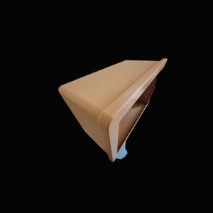 May include: A light brown wooden shelf with a curved edge and a rectangular opening. The shelf is made of wood and has a natural finish.