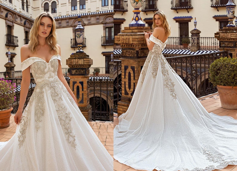 Off The Shoulder Wedding Gown Lace Hand Embroidery Dress Etsy