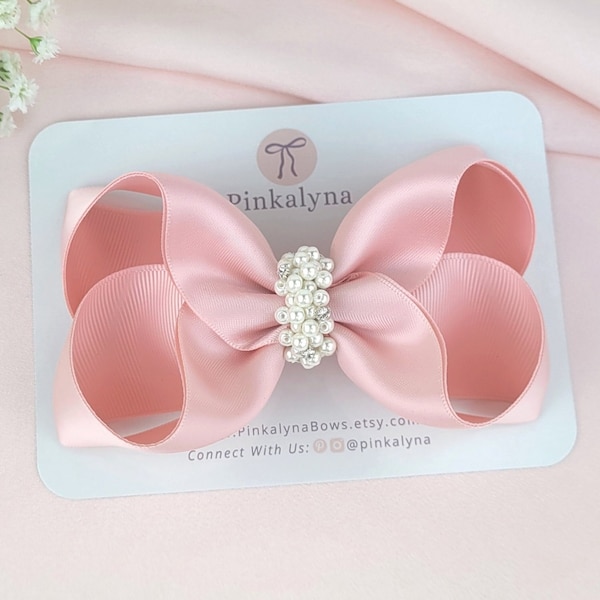 Satin Hair Bow with Pearls and Rhinestones. Flower Girl Bow Clip or Barrette. Blush Toddler Elegant Hair Accessory for Special Occasions.