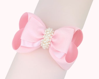 Light Pink 1st Birthday bow on headband. Hair Bow with Pearls for Special Occasions. Cake Smash Hair Clip. First Birthday Elegant Bow.