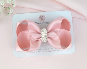 Satin Hair Bow with Pearls and Rhinestones. Flower Girl Bow Clip or Barrette. Blush Toddler Elegant Hair Accessory for Special Occasions.